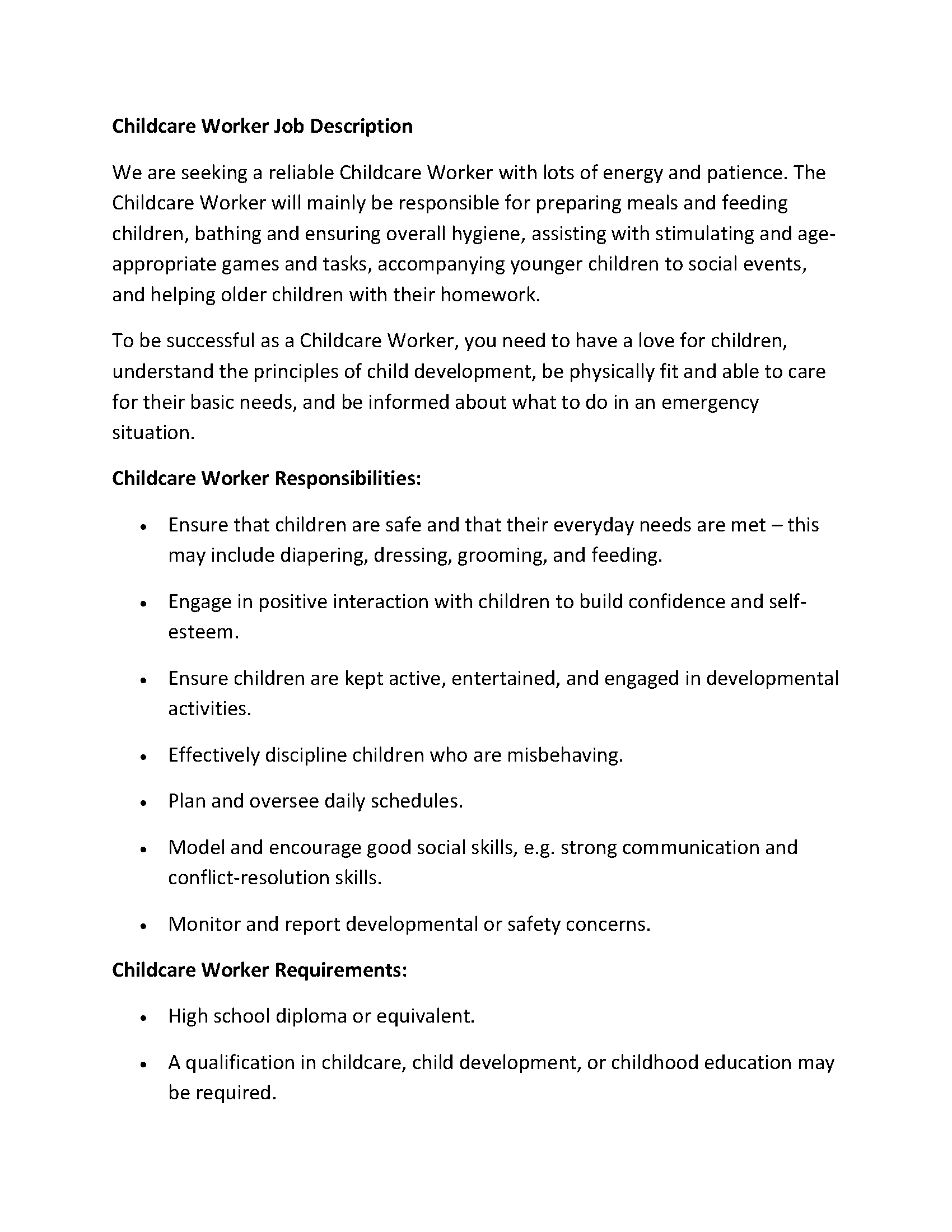 Childcare Worker Job Description